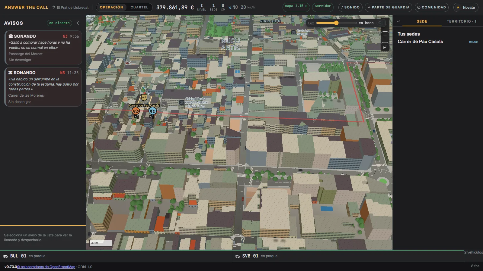 El mapa 3D del juego, con una sede propia y su territorio marcado